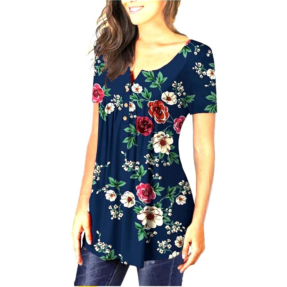 Lg Floral Lightweight Shirt Colorful Floral Tunic Blouse Short Sleeve Henley Top